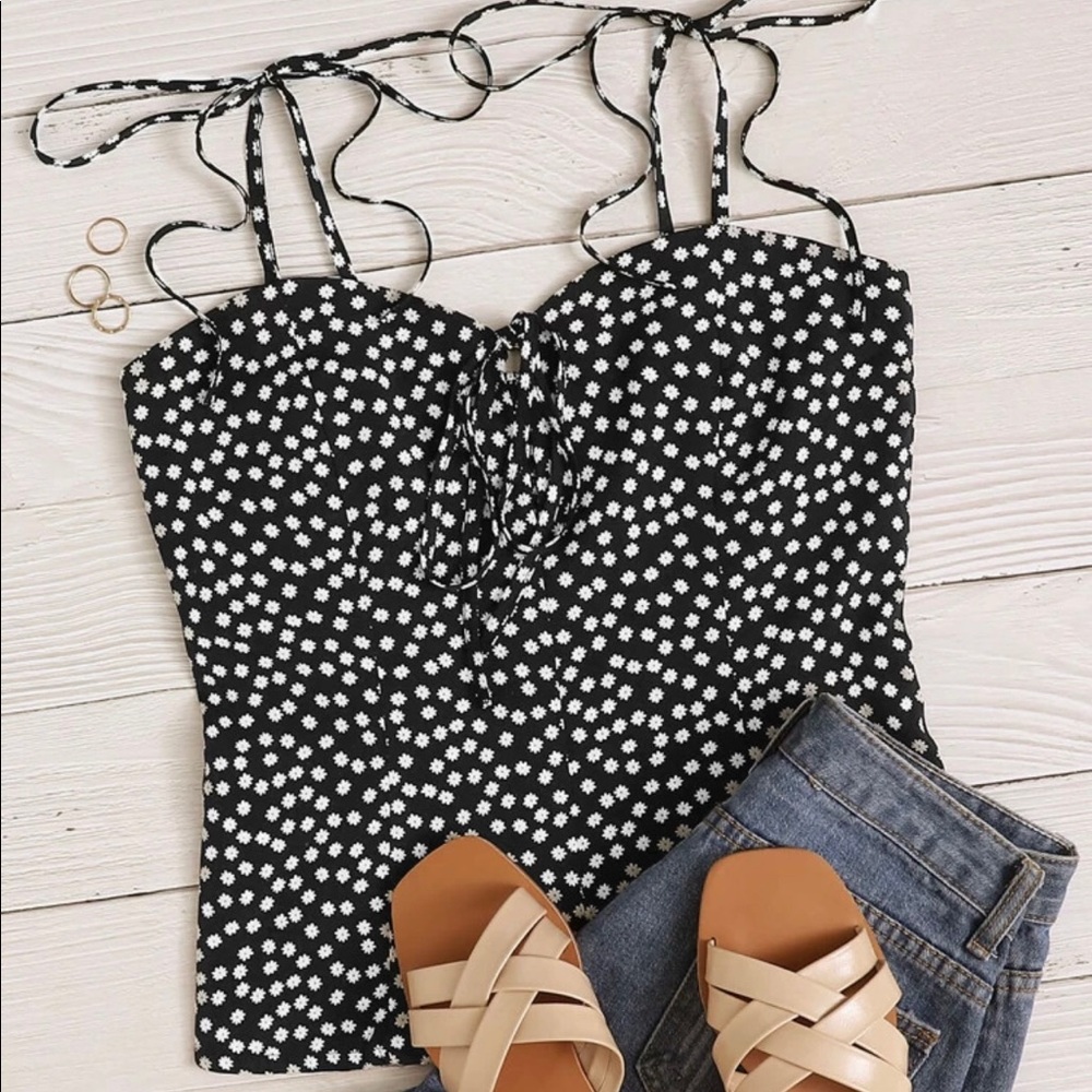 Floral Tie Shoulder Shirred Cami Top